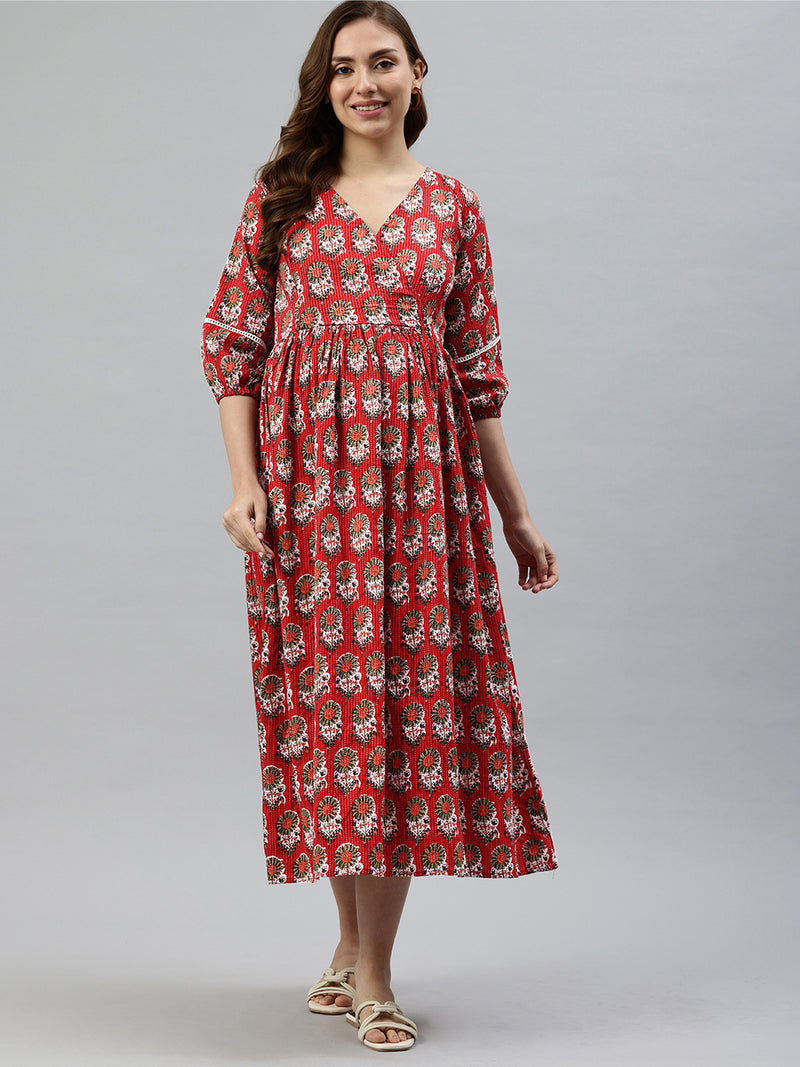 EXP - Candy Red Floral Print  Nursing  Dress