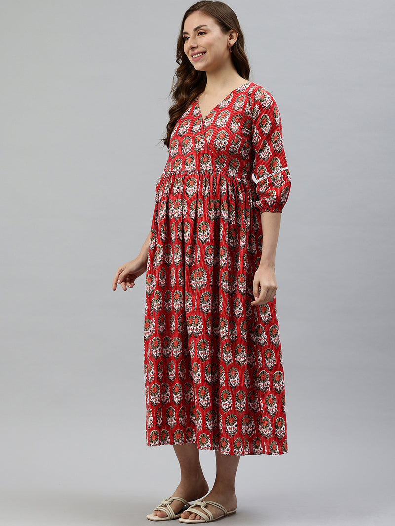 EXP - Candy Red Floral Print  Nursing  Dress