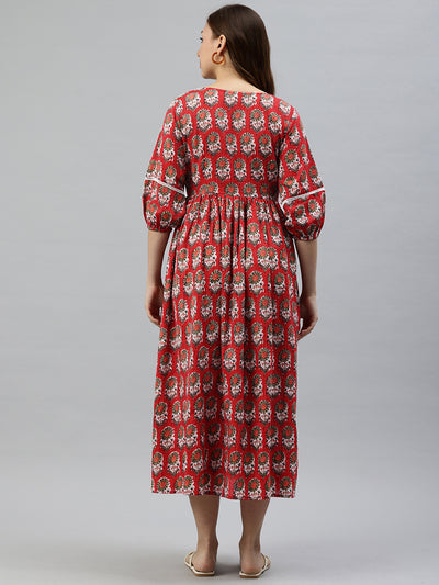 EXP - Candy Red Floral Print  Nursing  Dress