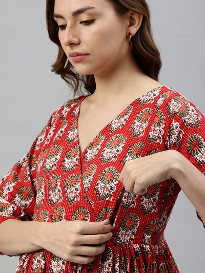 EXP - Candy Red Floral Print  Nursing  Dress