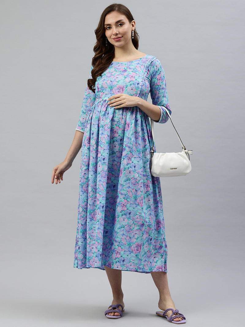 EXP - Frempy Blue And Pink Floral Print Cotton  Nursing  Dress