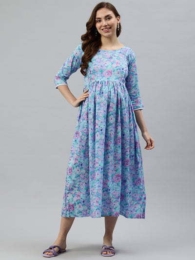 EXP - Frempy Blue And Pink Floral Print Cotton  Nursing  Dress