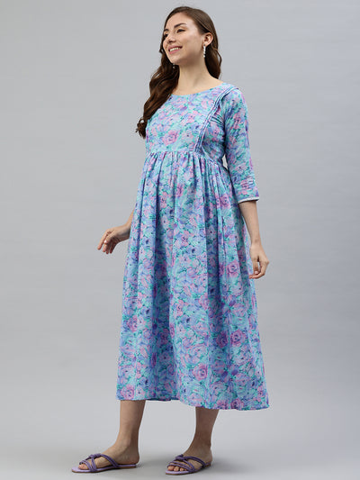 EXP - Frempy Blue And Pink Floral Print Cotton  Nursing  Dress