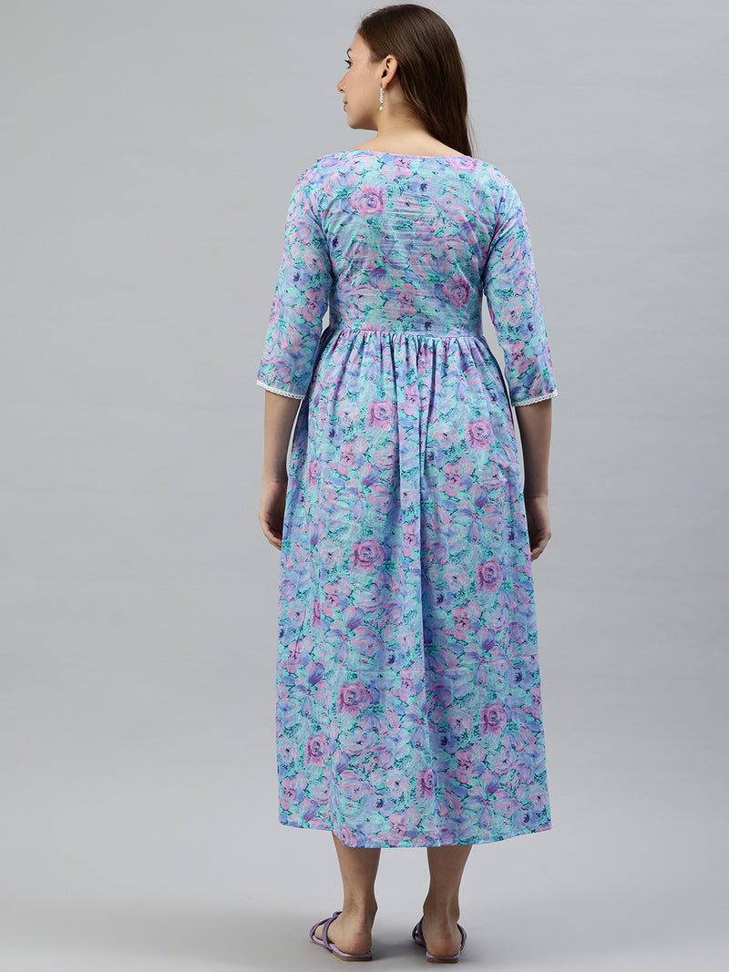 EXP - Frempy Blue And Pink Floral Print Cotton  Nursing  Dress