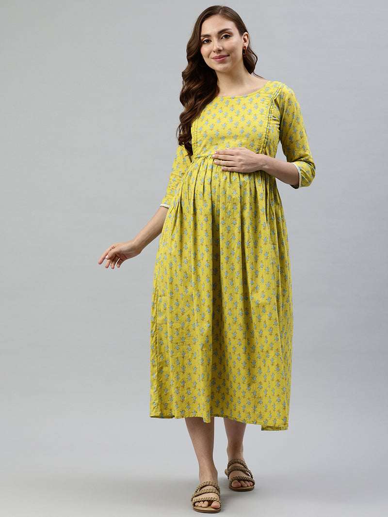 EXP - Green And Blue Floral Print Cotton  Nursing  Dress