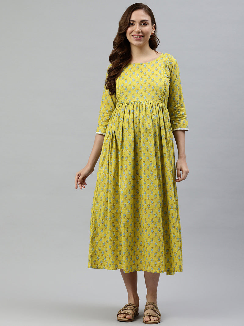 EXP - Green And Blue Floral Print Cotton  Nursing  Dress