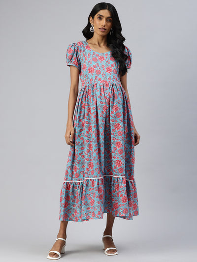 EXP - Yash Blue And Red Floral Print  Nursing  Dress