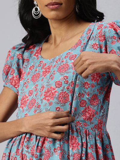 EXP - Yash Blue And Red Floral Print  Nursing  Dress