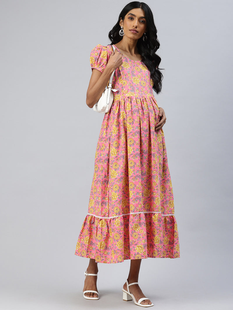 EXP - Pink and Yellow floral print Nursing dress