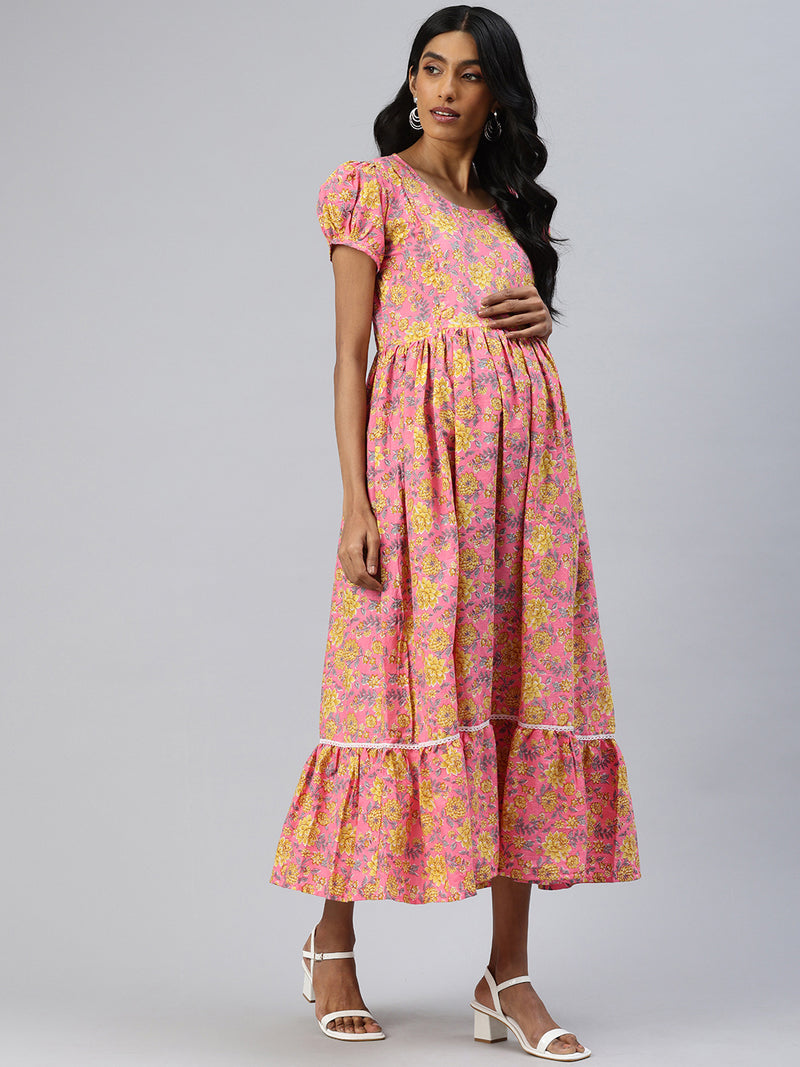 EXP - Pink and Yellow floral print Nursing dress