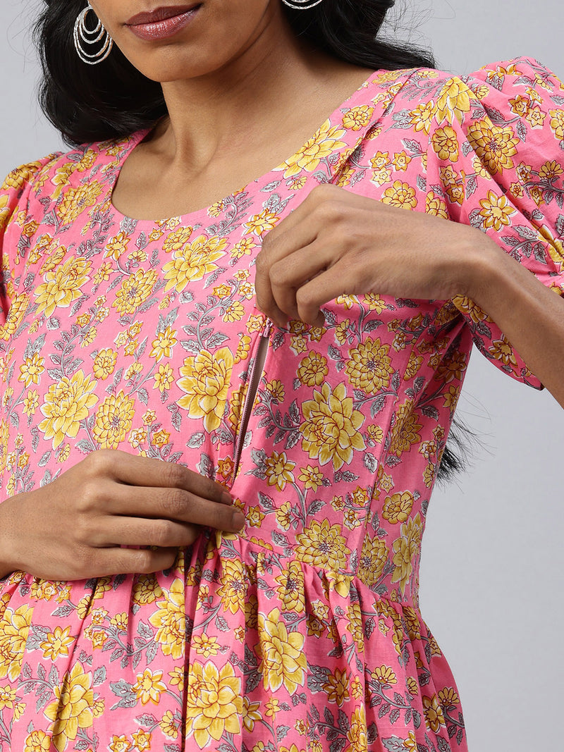 EXP - Pink and Yellow floral print Nursing dress