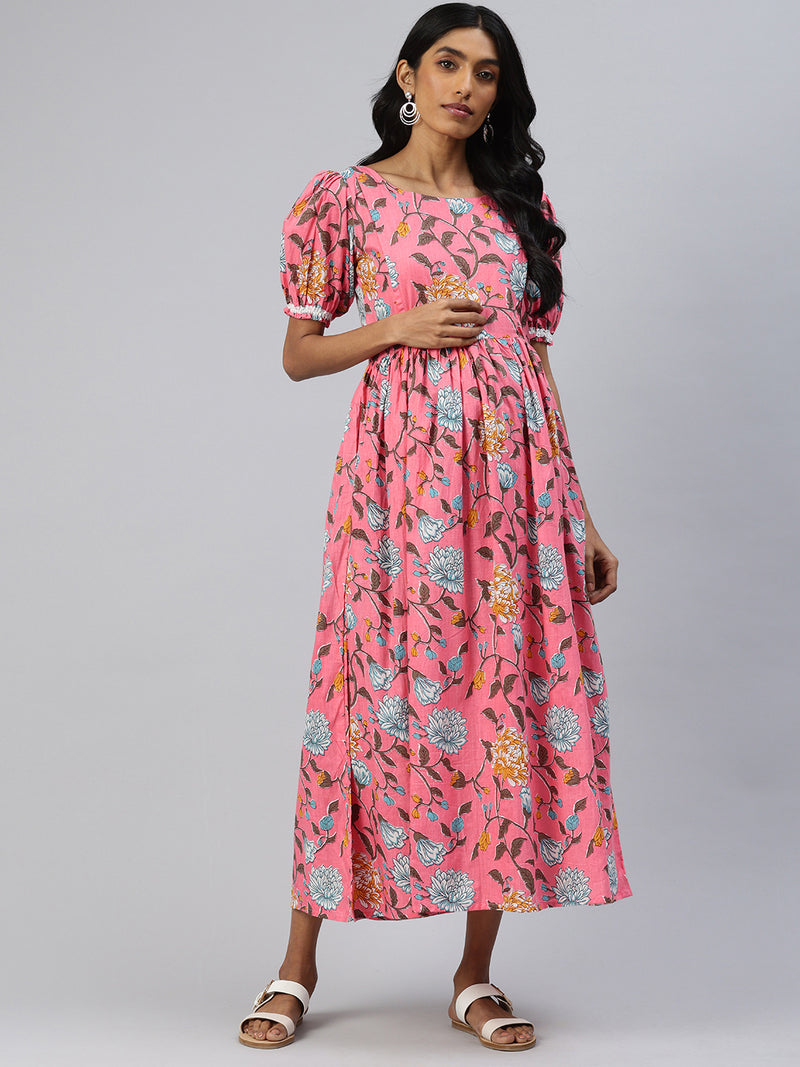 EXP - Mauve Pink Floral Print Cotton  Nursing  Dress