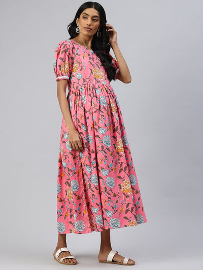 EXP - Mauve Pink Floral Print Cotton  Nursing  Dress