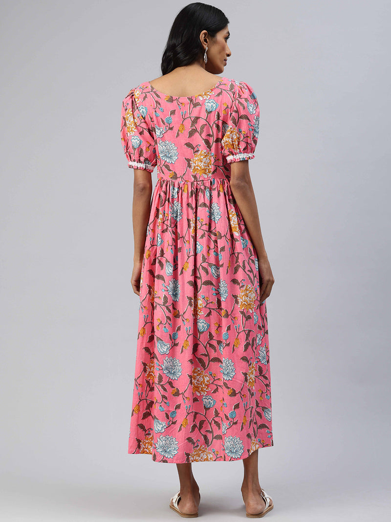 EXP - Mauve Pink Floral Print Cotton  Nursing  Dress