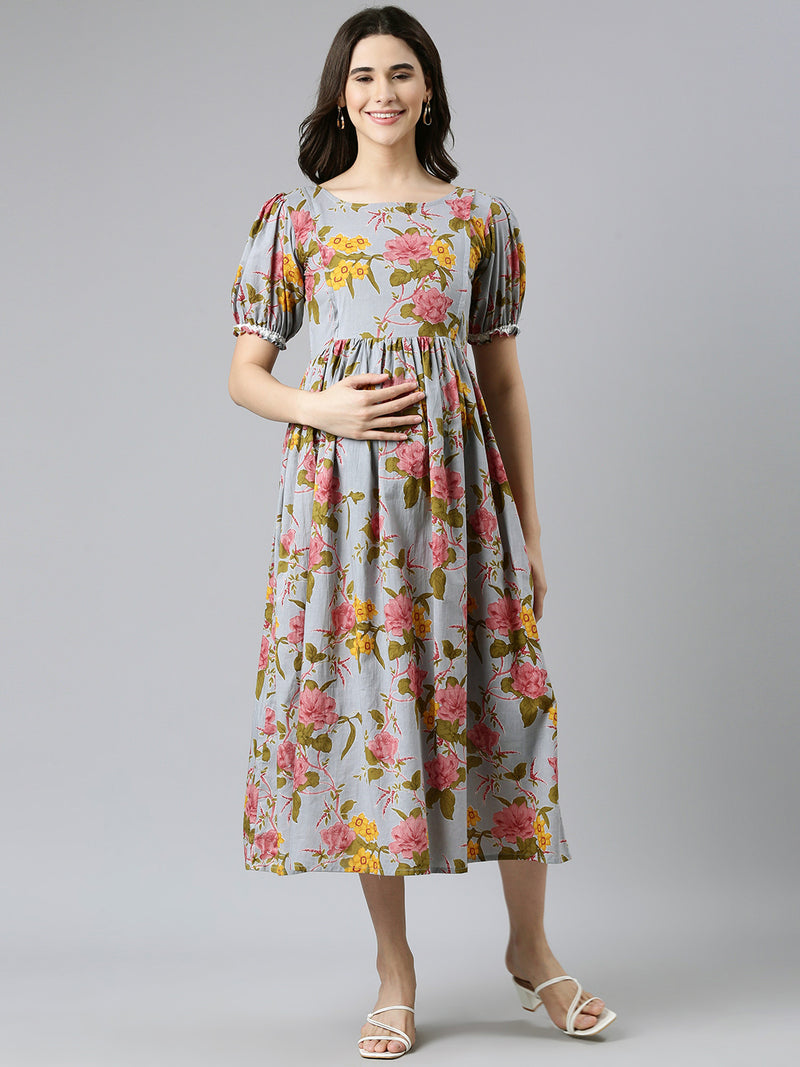 EXP - Blue and pink floral print Cotton Nursing dress