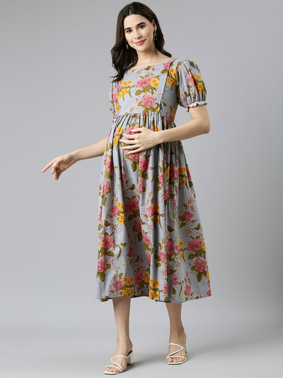 EXP - Blue and pink floral print Cotton Nursing dress