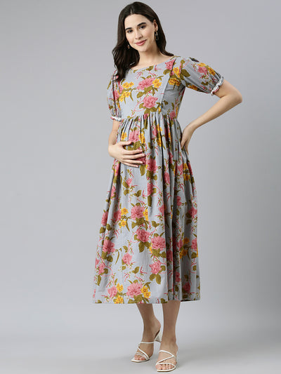 EXP - Blue and pink floral print Cotton Nursing dress