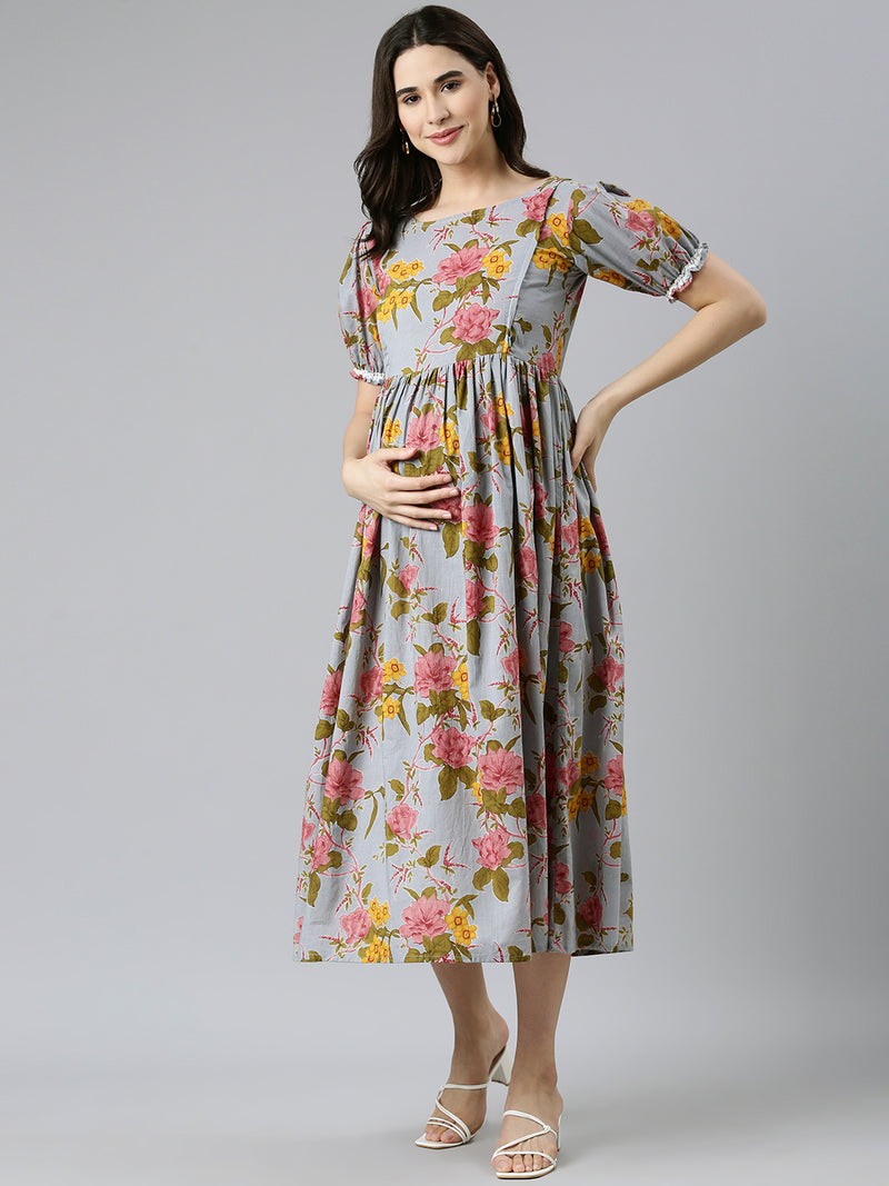 EXP - Blue and pink floral print Cotton Nursing dress