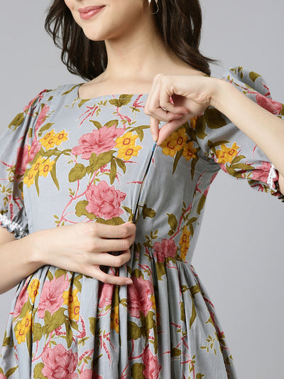 EXP - Blue and pink floral print Cotton Nursing dress