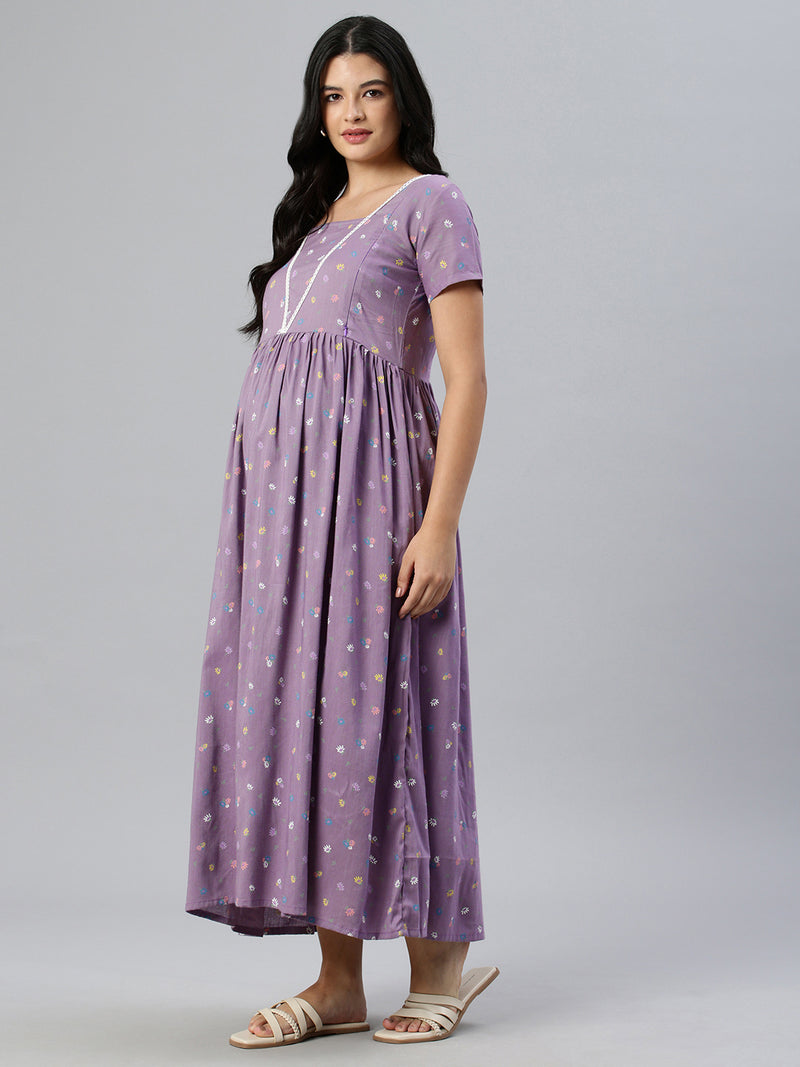 EXP -  Plum Purple floral print Nursing Dress