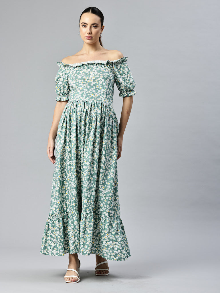 EXP -  Luxe Green White floral off shoulder dress