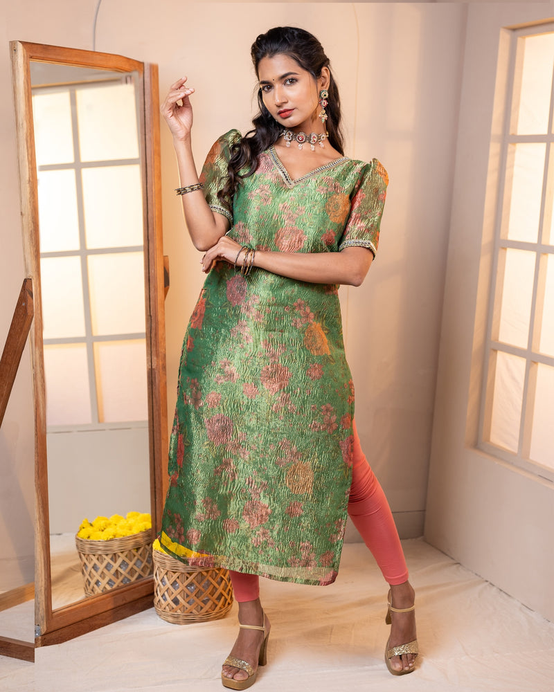 EXP -  Libas Green Floral Tissue Kurta