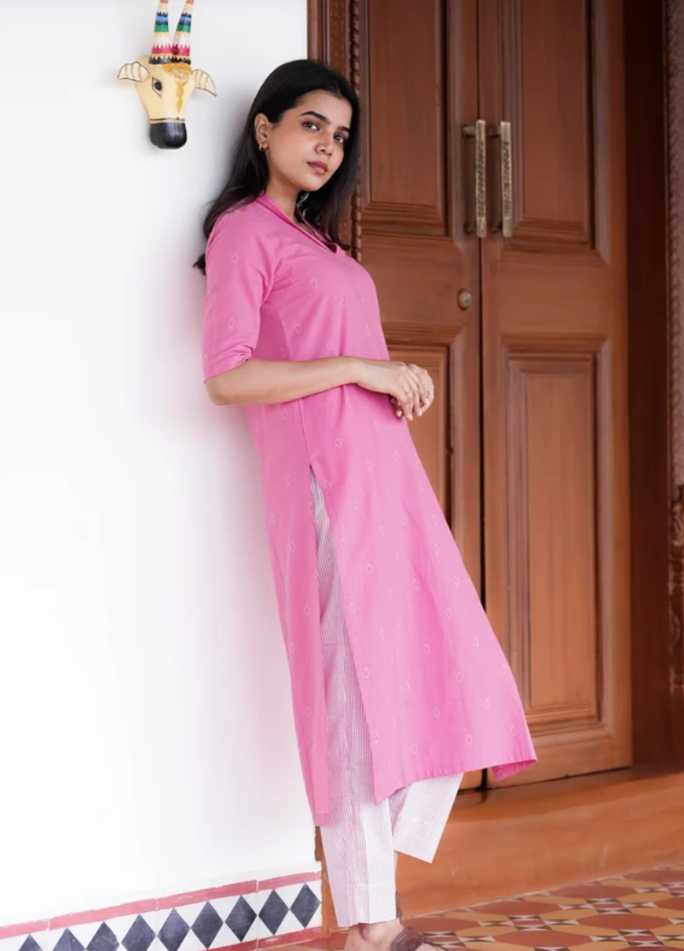 Peach Handloom Kurta Set