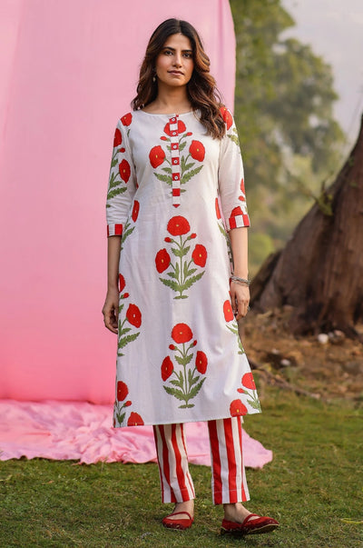 Abeer Red Poppy Straight Fit Kurta Pant Set