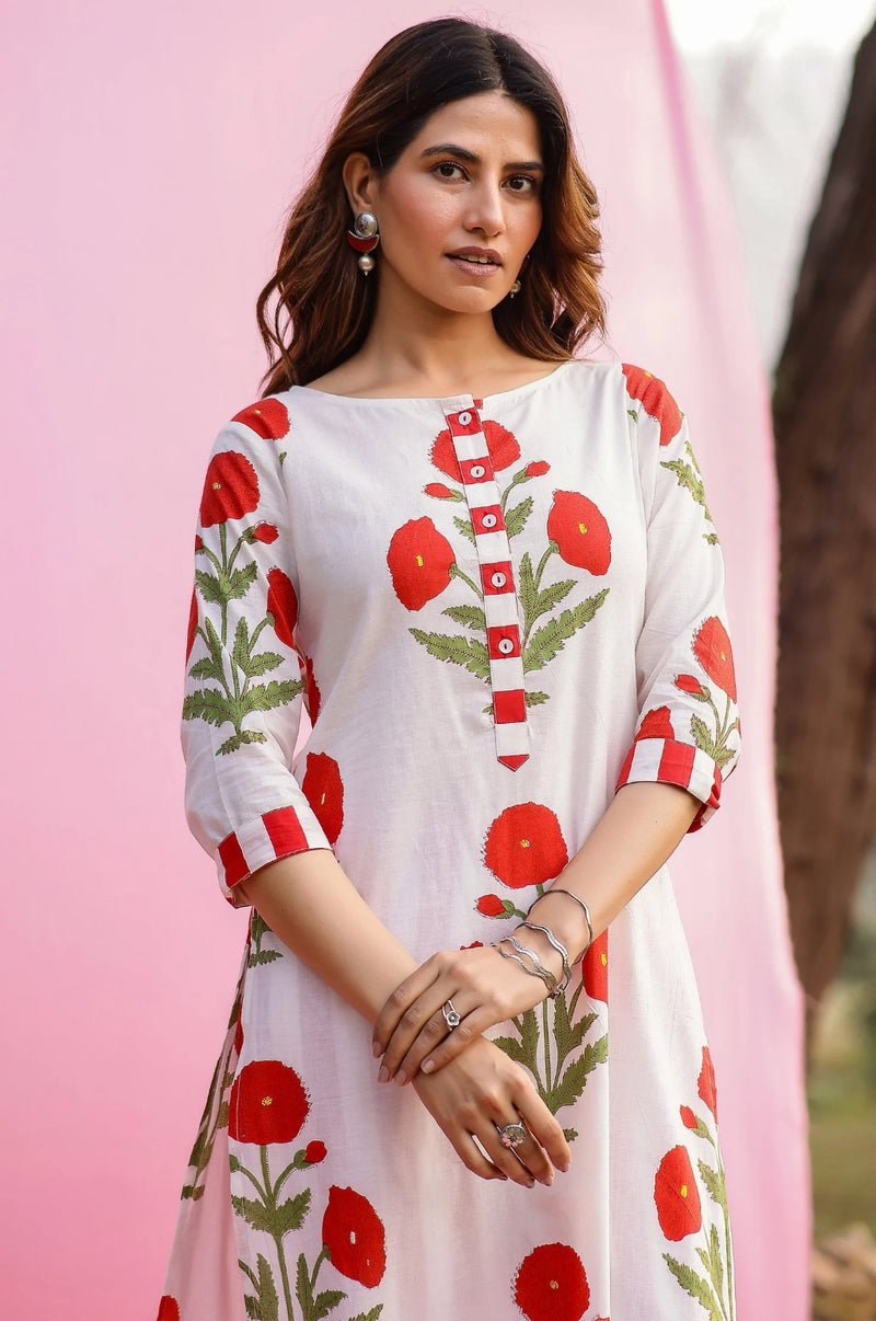 Abeer Red Poppy Straight Fit Kurta Pant Set