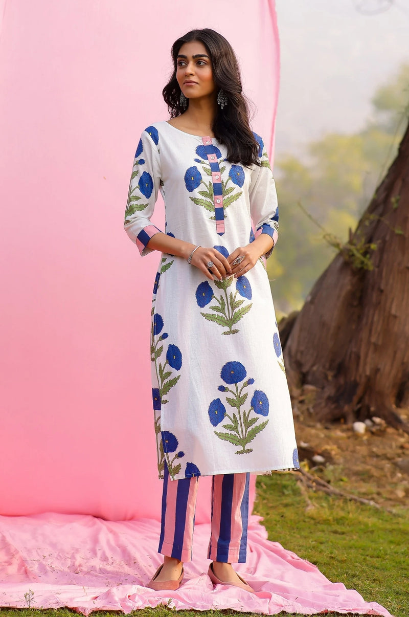 Abeer Blue Poppy Straight Fit Kurta Pant Set