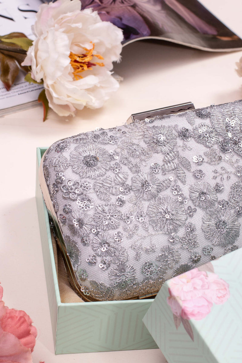 Silver Embroidered Box Clutch