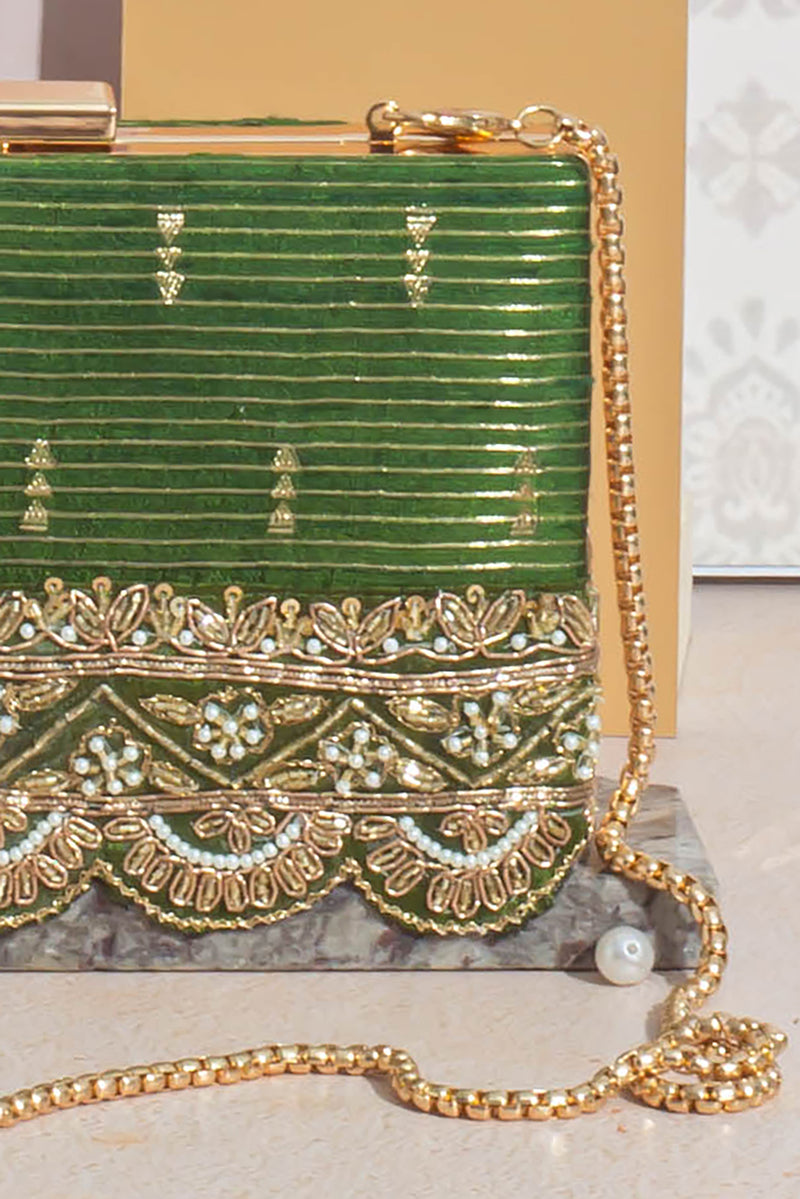 Tari Silk Box Clutch - Mehandi Green