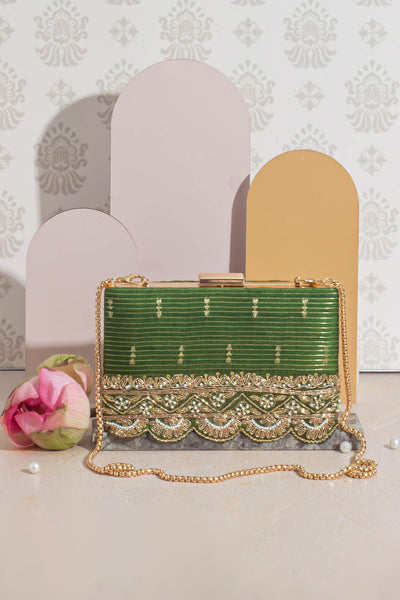 Tari Silk Box Clutch - Mehandi Green