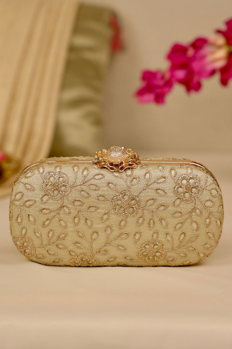Tarang cutwork Capsule clutch - Light gold