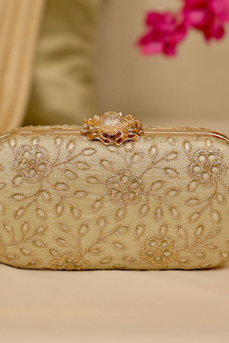 Tarang cutwork Capsule clutch - Light gold