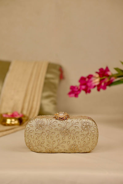 Tarang cutwork Capsule clutch - Light gold