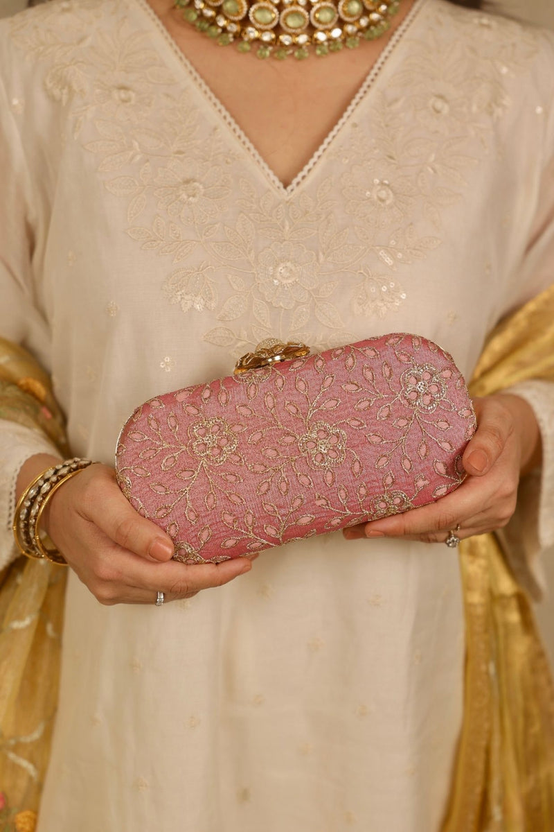 Tarang cutwork Capsule clutch - Pink