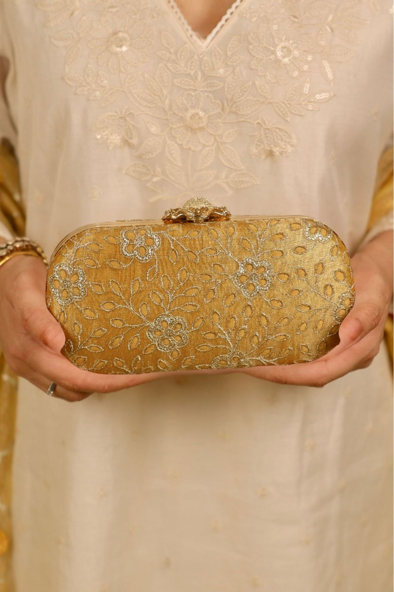Tarang cutwork Capsule clutch - Mustard