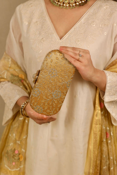 Tarang cutwork Capsule clutch - Mustard