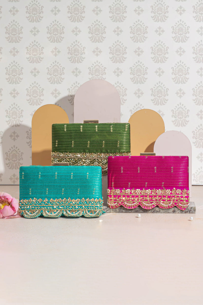 Tari Silk Box Clutch - Mehandi Green