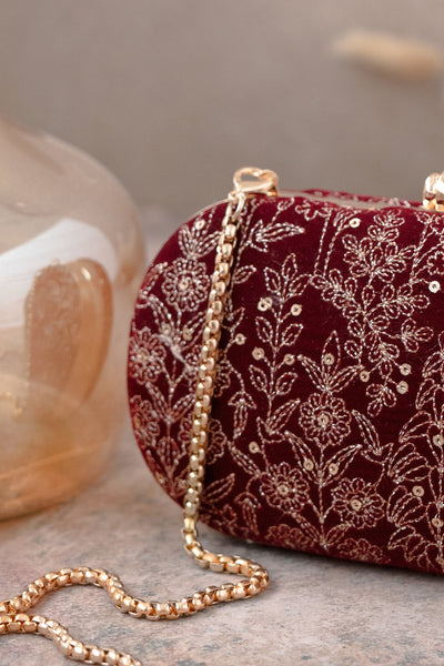 Thea Velvet Embroidered Clutch Maroon