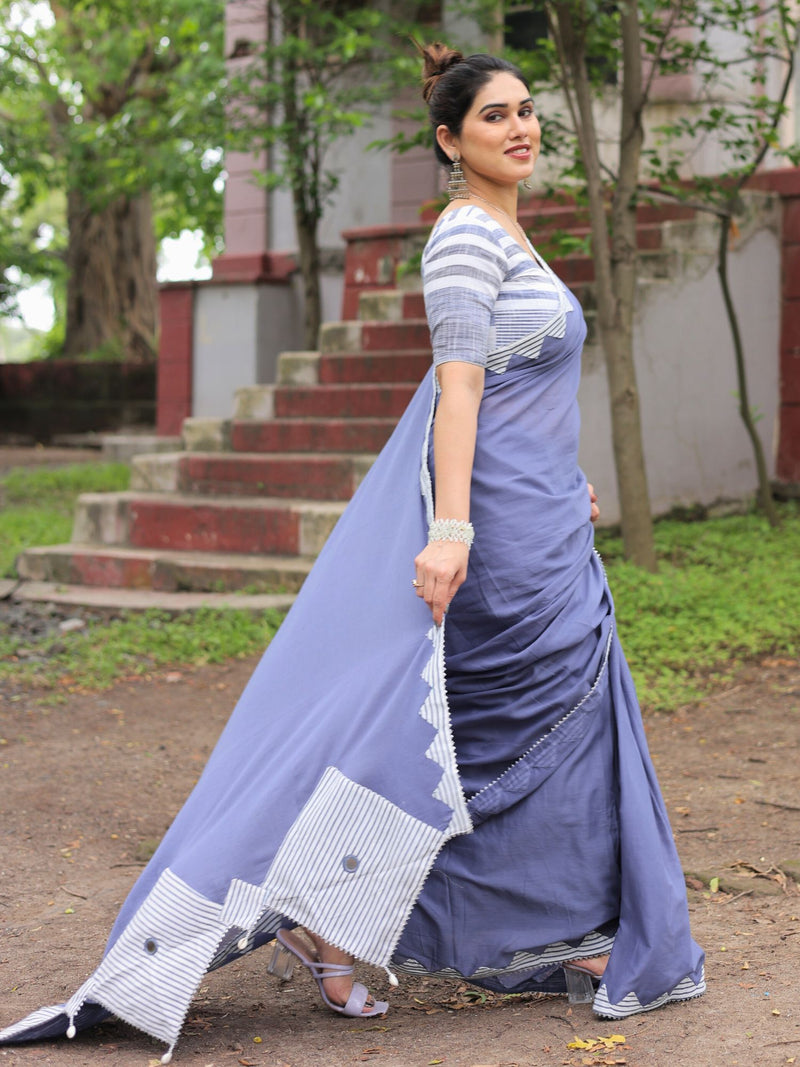 Dusty blue applique work saree with blouse