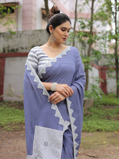 Dusty blue applique work saree with blouse