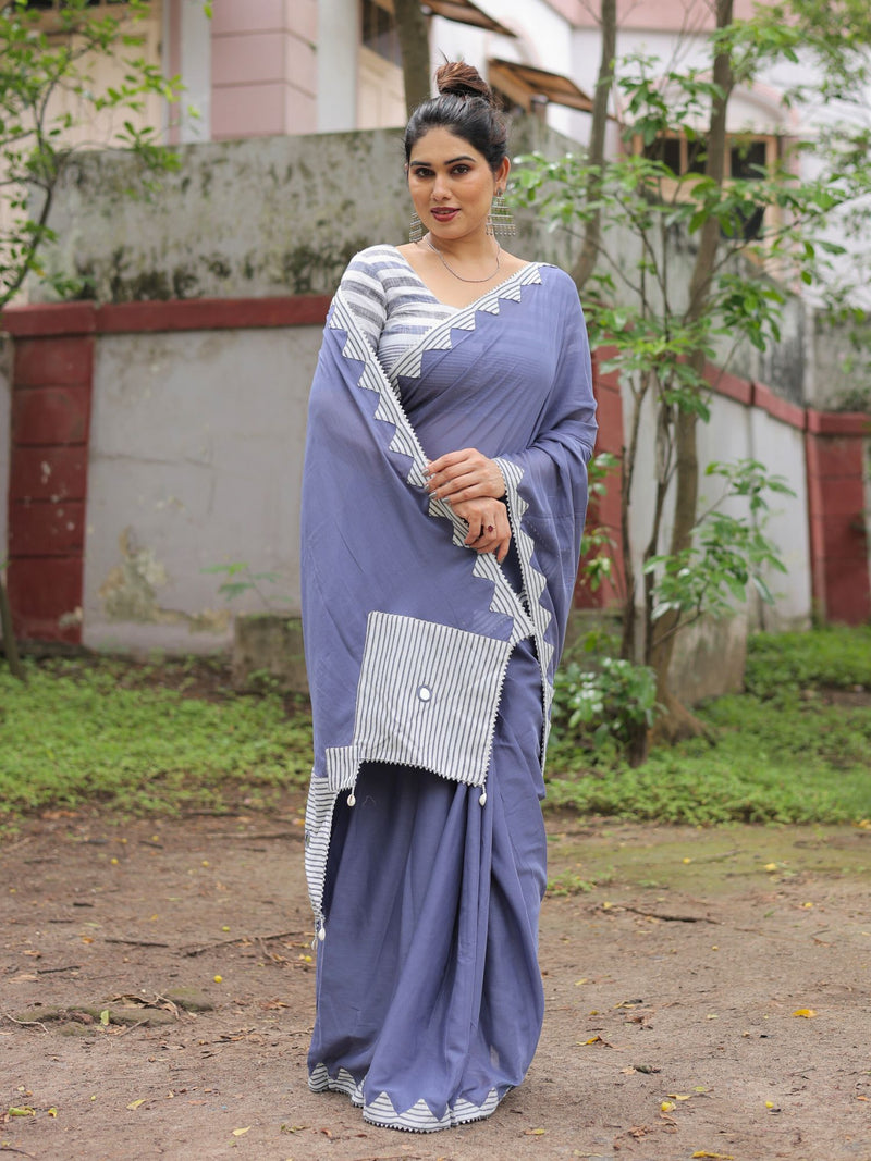 Dusty blue applique work saree with blouse