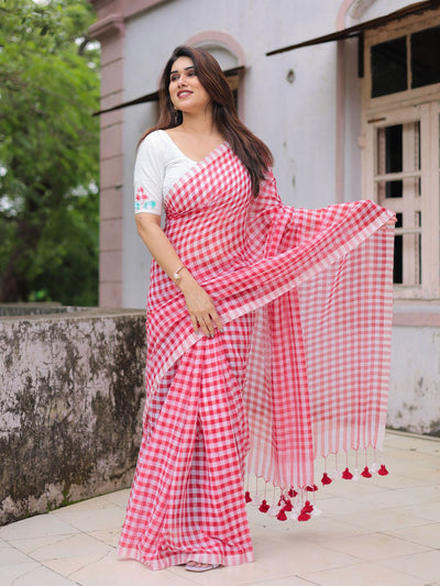 Red gamcha saree with blouse