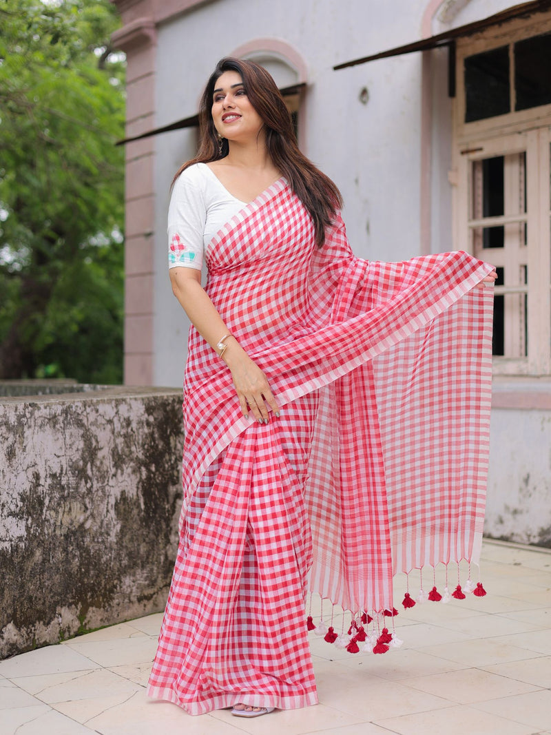 Red gamcha saree with blouse