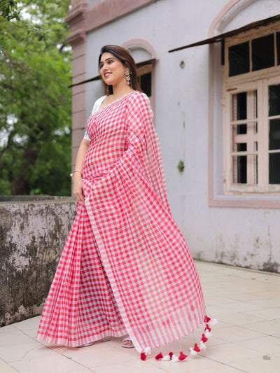 Red gamcha saree with blouse