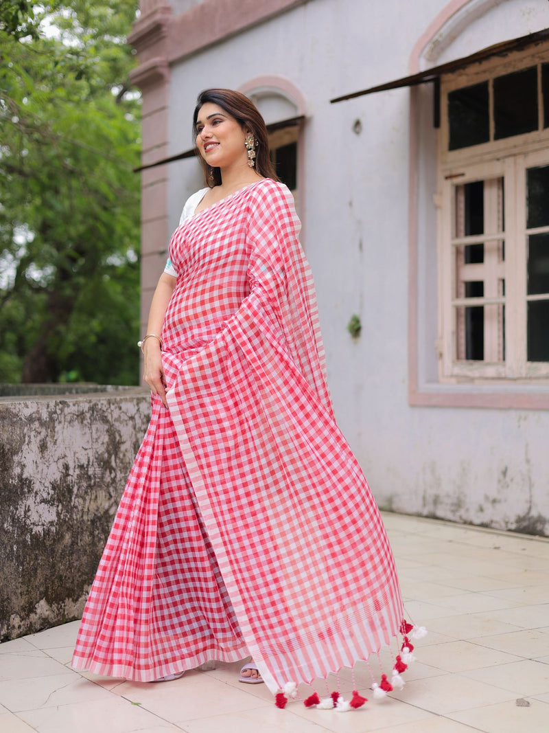 Red gamcha saree with blouse