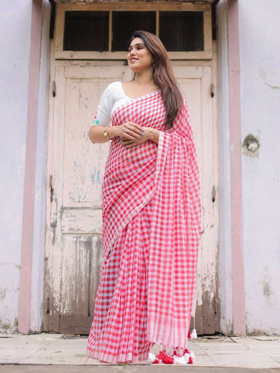 Red gamcha saree with blouse