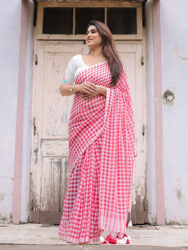 Red gamcha saree with blouse